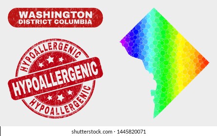 Spectral dotted Washington District Columbia map and seal stamps. Red round Hypoallergenic grunge seal stamp. Gradient spectrum Washington District Columbia map mosaic of randomized round elements.