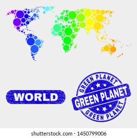 Spectral dotted world map and stamps. Blue round Green Planet distress stamp. Gradient spectral world map mosaic of random round dots. Green Planet imprint with distress texture.