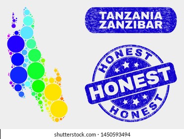 Spectral dotted Zanzibar Island map and watermarks. Blue round Honest scratched seal stamp. Gradiented spectral Zanzibar Island map mosaic of randomized round elements.
