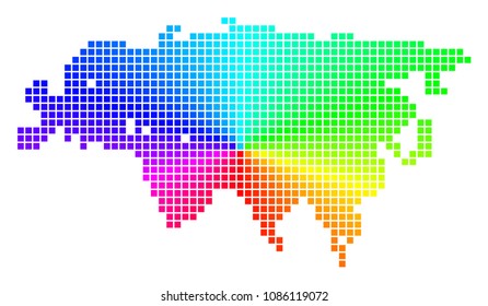 Spectral Eurasia map. Vector dotted geographic plan in bright spectrum colors with circular gradient. Color vector pattern of Eurasia map formed with regular rectangle elements.