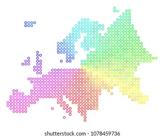 Spectral Europe Map. Vector geographic map in bright spectral color tones. Spectrum has circular gradient. Color vector collage of Europe Map constructed of small circles.