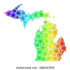 Collage de gradientes espectrales del mapa del estado de Michigan diseñado para vacaciones de invierno. El mosaico del mapa del estado de Michigan está compuesto de vibrantes partes de nieve. Diseñado para proyectos de invierno.