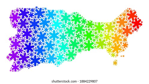 Composición de gradientes espectrales del mapa de la isla de Capri organizado para anuncios navideños. El mosaico de mapas de la isla de Capri está organizado con iconos multicolores de la nieve. Diseñado para publicidad política.