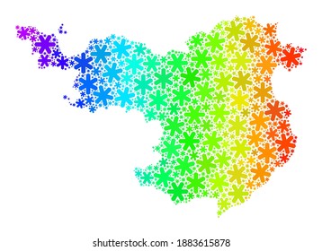 Spectral gradient composition of Gerona Province map constructed for New Year celebration. Gerona Province map mosaic is formed of bright snow flakes. Designed for New Year purposes.