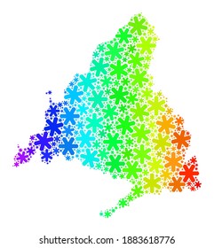 Spectral gradient composition of Madrid Province map combined for New Year ads. Madrid Province map mosaic is formed with bright snow icons. Designed for New Year applications.