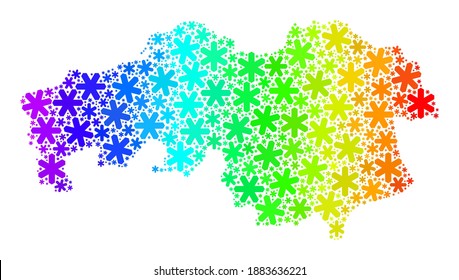 Spectral gradient composition of North Brabant Province map designed for New Year celebration. North Brabant Province map mosaic is composed of vibrant snow parts. Designed for New Year projects.