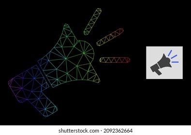 Icono de megáfono de publicidad de malla de gradiente espectral. Red de marco geométrico 2D basada en un icono de megáfono publicitario, generado con red de malla triangular, con gradiente espectral.