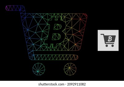 Spectral gradient mesh bitcoin webshop icon. Geometric carcass flat net is based on bitcoin webshop icon, generated with polygonal mesh framework, with spectrum gradient.