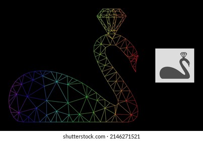 Spektrale Farbverlauf-Maschen gekrönt Schwan-Symbol. Geometrisches 2D-Netzwerk basierend auf dem gekrönten Schwan-Symbol, erzeugt mit dreieckigen Maschenkarren, mit Spektralverlauf.