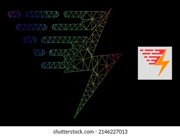 Icono de potencia eléctrica de malla de gradiente espectral. La red plana de cuadro geométrico se basa en un icono de potencia eléctrica, generado con red de malla triangular, con gradiente espectral.