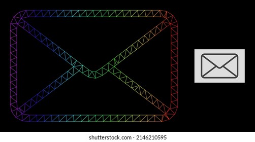Spectral gradient mesh envelope icon. Geometric carcass flat network is based on envelope icon, generated with polygonal mesh carcass, with rainbow gradient.