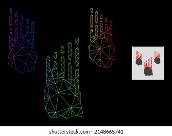 Spectral gradient mesh falling rocks icon. Geometric carcass flat net is based on falling rocks icon, generated with triangular mesh carcass, with spectral gradient.
