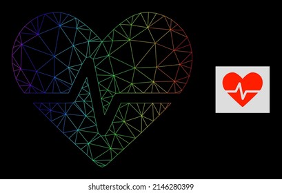 Spectral gradient mesh heart pulse icon. Geometric frame flat network is based on heart pulse icon, generated with polygonal mesh network, with spectral gradient.