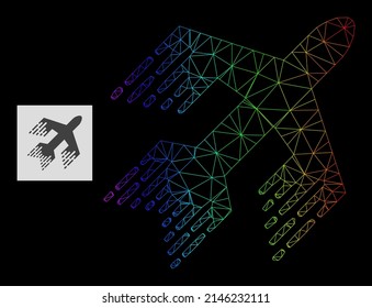 Spectral gradient mesh jet plane icon. Geometric carcass 2D net is based on jet plane icon, generated with triangular mesh net, with rainbow gradient.