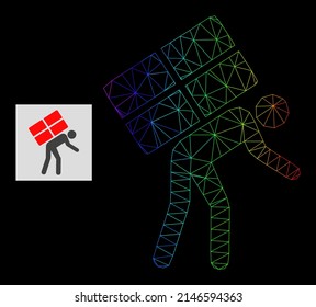 Spectral gradient mesh refugee icon. Geometric carcass 2D network is based on refugee icon, generated with polygonal mesh carcass, with rainbow gradient.
