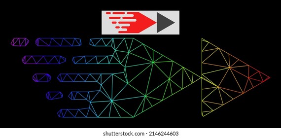 Icono de la malla de gradiente espectral rebobinar hacia delante. La red 2D de canales geométricas se basa en un icono de rebobinado hacia adelante, generado con la carcasa de malla poligonal, con gradiente de espectro.