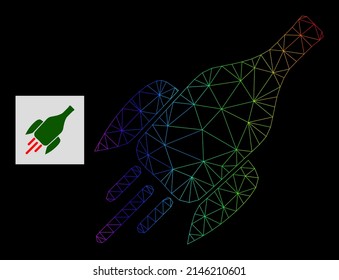 Spectral gradient mesh rocket wine bottle icon. Geometric frame flat network is based on rocket wine bottle icon, generated with polygonal mesh framework, with spectral gradient.