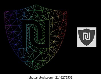 Spectral gradient mesh shekel guard icon. Geometric frame flat network based on shekel guard icon, generated from polygonal mesh carcass, with spectral gradient.