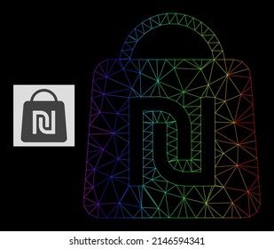 Spectral gradient mesh shekel shopping bag icon. Geometric carcass 2D network based on shekel shopping bag icon, generated with polygonal mesh carcass, with rainbow gradient.