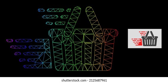 Spectral gradient mesh shopping basket icon. Geometric carcass flat network is based on shopping basket icon, generated from triangle mesh network, with spectral gradient.