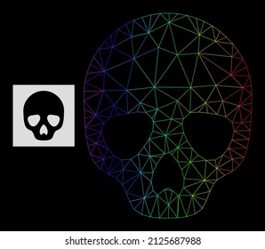 Icono del cráneo de malla de gradiente espectral. Red plana de canal geométrica basada en el icono del cráneo, generada con marco de malla triangular, con gradiente espectral.