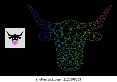Spectral gradient mesh smiled cow head icon. Geometric carcass 2D network is based on smiled cow head icon, generated with triangle mesh carcass, with spectral gradient.