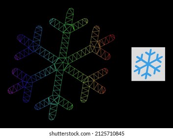 Spectral gradient mesh snowflake icon. Geometric frame flat net is based on snowflake icon, generated with polygonal mesh net, with spectral gradient.