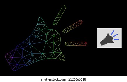 Spectral gradient mesh sound speaker icon. Geometric carcass 2D network based on sound speaker icon, generated with triangular mesh net, with spectral gradient.