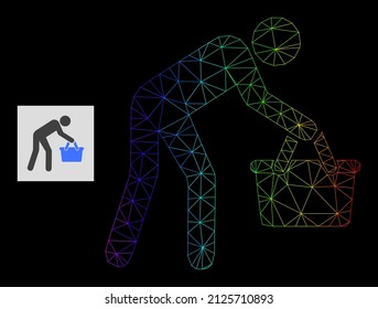 Spectral gradient mesh tired buyer persona icon. Geometric carcass 2D network is based on tired buyer persona icon, generated with polygonal mesh carcass, with spectrum gradient.