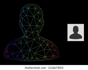Icono de usuario de malla de gradiente espectral. Red plana de marco geométrico basada en el icono de usuario, generada a partir de la canal triangular de malla, con gradiente espectral.