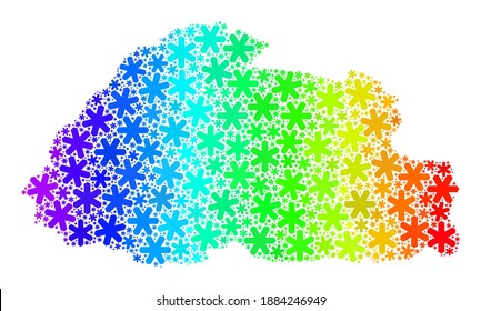 Spectral gradient mosaic of Bhutan map organized for Christmas holidays. Bhutan map mosaic is made of vibrant ice crystals. Designed for Christmas advertisement.