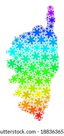 Spectral gradient mosaic of Corsica map done for Winter celebration. Corsica map mosaic is composed of bright snow. Designed for Winter purposes.