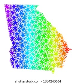 Spektrales Farbverlauf-Mosaik von Georgia State Karte für Winterfeiern. Georgia State Map Mosaik ist aus pulsierendem Schnee gebaut. Für Winterwerbung entwickelt.