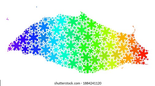 Mosaico de gradiente espectral del mapa Isla La Tortuga creado para anuncios navideños. El mosaico del mapa de Isla La Tortuga está hecho de brillantes iconos de nieve. Diseñado para las ventas políticas.