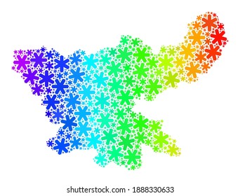 Spektrales Farbverlauf-Mosaik von Jharkhand-Staatskarte für Neujahrsanzeigen konstruiert. Jharkhand State Map Mosaik ist aus bunten Schneegegenständen geformt. Für Illustrationen zum Neujahr entwickelt.