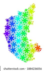 Spectral gradient mosaic of Karnataka State map done for New Year sales. Karnataka State map mosaic is made from bright snow. Designed for New Year advertisement.