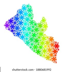 Mosaico de gradiente espectral del mapa de Liberia creado para las vacaciones de Navidad. El mosaico de mapas de Liberia está hecho de brillantes iconos de nieve. Diseñado para el invierno.