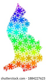 Mosaico de gradiente espectral del mapa de Liechtenstein hecho para la celebración del Año Nuevo. El mosaico de mapas de Liechtenstein está hecho de iconos brillantes de la nieve. Diseñado para fines de Año Nuevo.