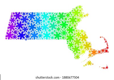 Mosaico de gradiente espectral del mapa estatal de Massachusetts diseñado para la celebración de Año Nuevo. El mosaico del mapa del estado de Massachusetts está construido con elementos de nieve brillantes. Diseñado para ilustraciones navideñas.