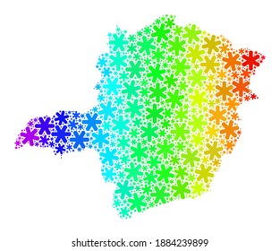 Spektrales Farbverlauf-Mosaik von Minas Gerais Staatskarte für Winterwerbung. Minas Gerais State Map Mosaik ist aus bunten Schneeelementen gebaut. Entwickelt für Winterverkäufe.