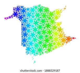 Spektrale Farbverlauf-Mosaik der Provinz New Brunswick für Neujahrsanzeigen getan. Das neue Landkarte Mosaik der Provinz Brunswick wurde aus bunten Schneeflocken entworfen. Entworfen für Winterwerbung.