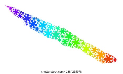 Mosaico de gradiente espectral del mapa de la isla de San Jorge combinado para las ventas navideñas. El mosaico del mapa de la isla de San Jorge está diseñado a partir de brillantes elementos de nieve. Diseñado para afiches de Navidad.