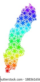 Mosaico de gradiente espectral de Suecia diseñado para la celebración de invierno. El mosaico de mapas de Suecia está organizado de brillantes iconos de la nieve. Diseñado para publicidad de Año Nuevo.