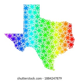Spectral gradient mosaic of Texas State map created for New Year holidays. Texas State map mosaic is designed with multicolored snow flakes. Designed for patriotic ads.