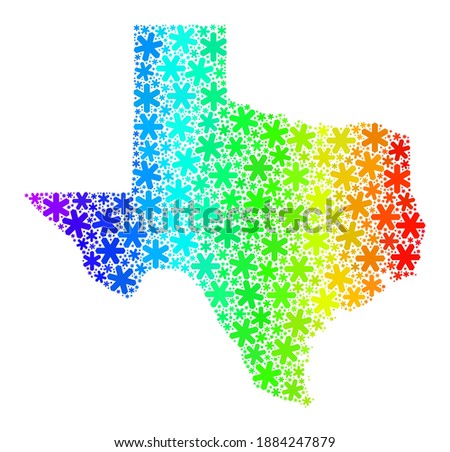 Spectral gradient mosaic of Texas State map created for New Year holidays. Texas State map mosaic is designed with multicolored snow flakes. Designed for patriotic ads.
