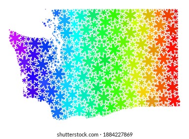 Spectral gradient mosaic of Washington State map designed for New Year sales. Washington State map mosaic is formed of colorful ice crystals. Designed for patriotic projects.