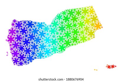 Spectral gradient mosaic of Yemen map designed for New Year celebration. Yemen map mosaic is designed from colorful snow. Designed for New Year sales.