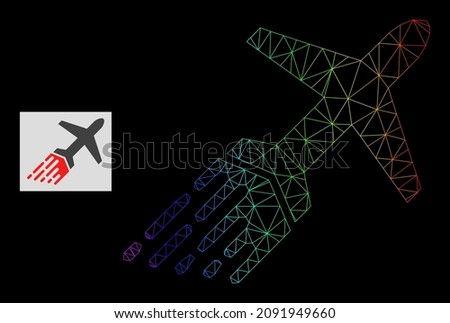 Spectral gradient net air liner icon. Geometric carcass flat network based on air liner icon, generated with triangle mesh carcass, with spectral gradient.