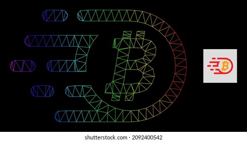 Spectral gradient net bitcoin icon. Geometric carcass 2D network is based on bitcoin icon, generated with polygonal mesh carcass, with spectral gradient.