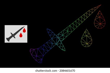 Spectral gradient net blood sword icon. Geometric frame 2D net is based on blood sword icon, generated with triangular mesh net, with spectrum gradient.